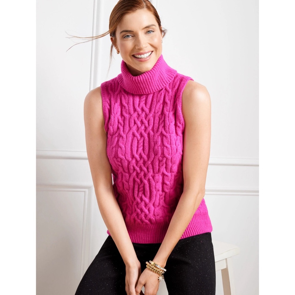 Talbots Cable Knit Turtleneck Wool Blend Sleeveless Sweater Vest Preppy Pink M